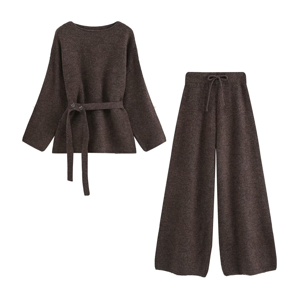 Belted Knit Jacket and Trousers Two-Piece Set