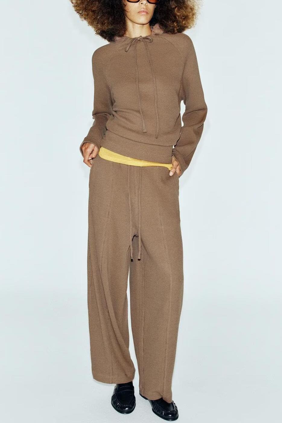 Waffle-Knit Hoodie and Wide-Leg Pants Two-Piece Set