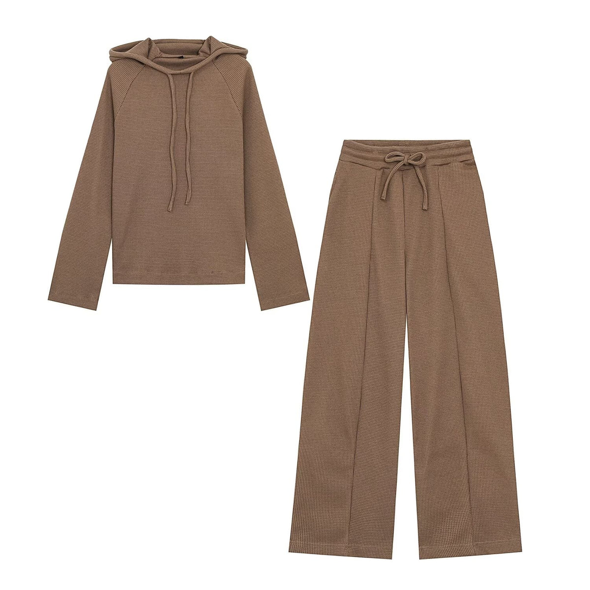 Waffle-Knit Hoodie and Wide-Leg Pants Two-Piece Set