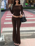 Back-Cutout Long-Sleeve Top and Pants Two-Piece Set