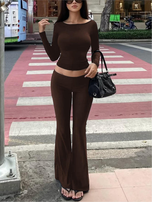 Back-Cutout Long-Sleeve Top and Pants Two-Piece Set