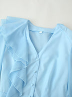 Women's Clothing All Match V Neck Fitted Waist Flare Sleeve Pleated Ribbon Dress