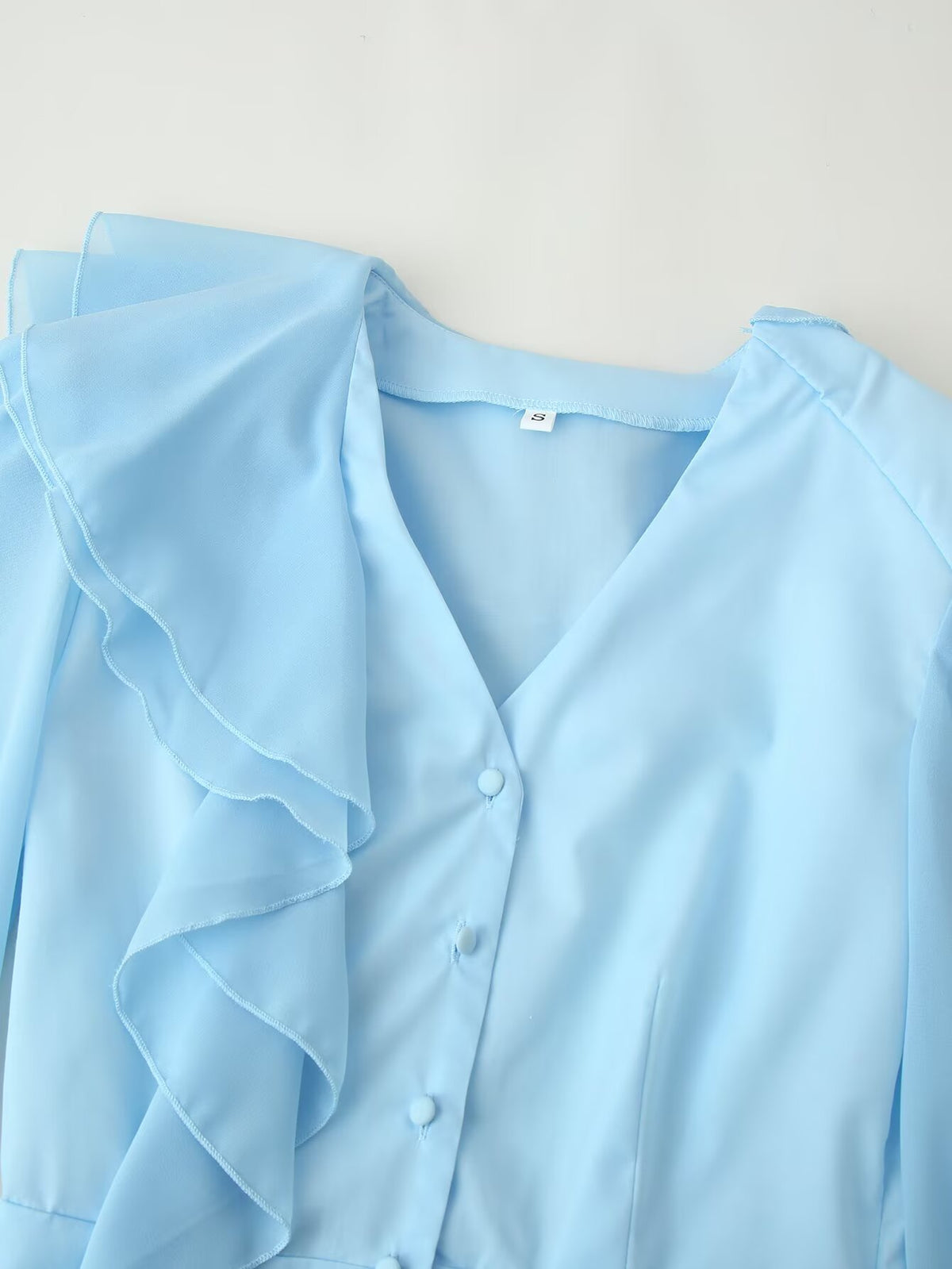 Women's Clothing All Match V Neck Fitted Waist Flare Sleeve Pleated Ribbon Dress