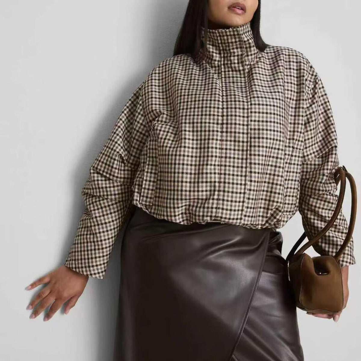 Women's Clothing Autumn Funnel Collar Long Sleeve Plaid Short Coat