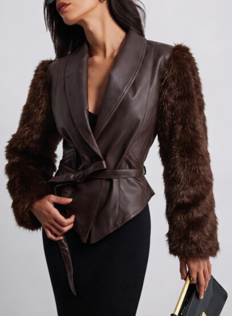 Women's Clothing Autumn Casual Collared Stone Washed Leather Stitching Faux Fur Belt Waist Trimming Coat