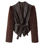 Women's Clothing Autumn Casual Collared Stone Washed Leather Stitching Faux Fur Belt Waist Trimming Coat
