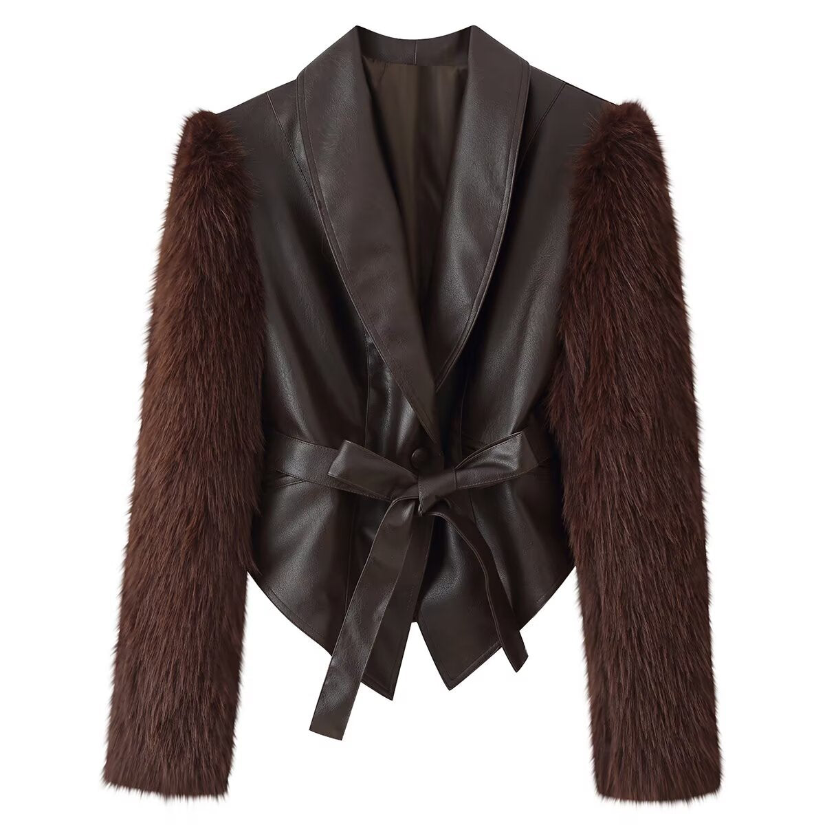 Women's Clothing Autumn Casual Collared Stone Washed Leather Stitching Faux Fur Belt Waist Trimming Coat