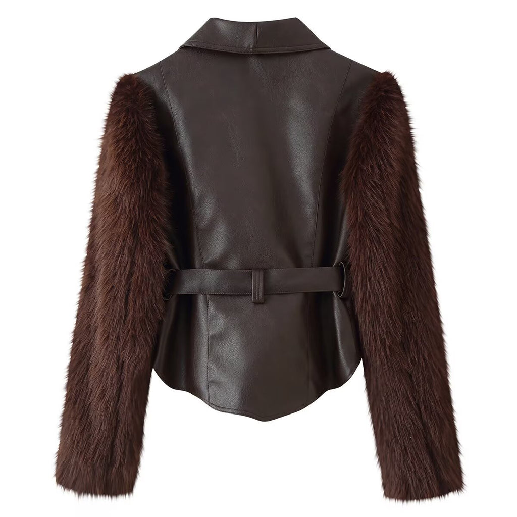 Women's Clothing Autumn Casual Collared Stone Washed Leather Stitching Faux Fur Belt Waist Trimming Coat