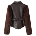 Women's Clothing Autumn Casual Collared Stone Washed Leather Stitching Faux Fur Belt Waist Trimming Coat