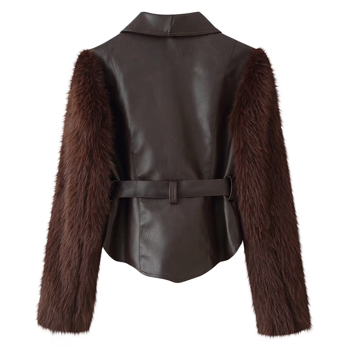 Women's Clothing Autumn Casual Collared Stone Washed Leather Stitching Faux Fur Belt Waist Trimming Coat