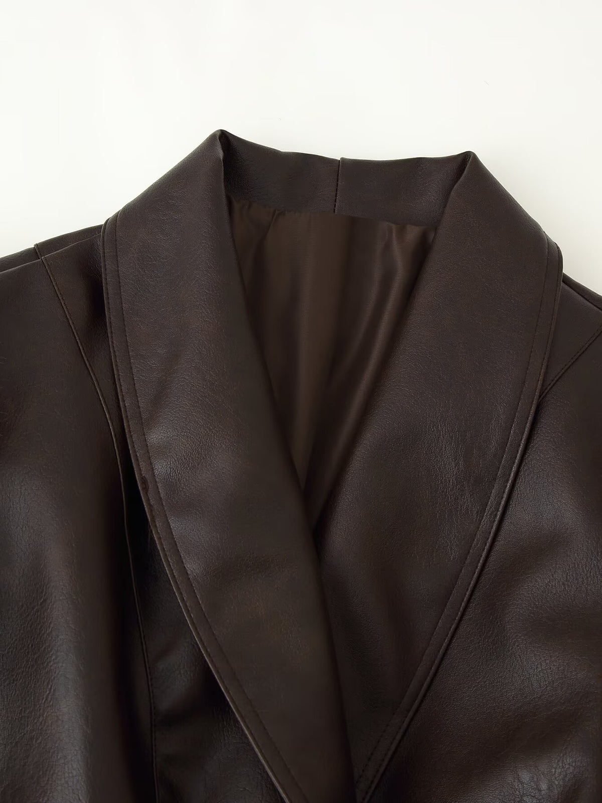 Women's Clothing Autumn Casual Collared Stone Washed Leather Stitching Faux Fur Belt Waist Trimming Coat