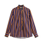Women's Clothing Autumn Winter Retro Contrast Color Vertical Striped Long Sleeve Stand Collar Shirt