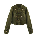 Women's Autumn Women Clothing Wild Long Sleeve Round Neck Slim Fit Buttoned Trim Denim Jacket
