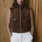 Women's Clothing Vintage Suede Texture Rib Stand Collar Hem Zipper Cargo Pocket Vest