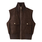 Women's Clothing Vintage Suede Texture Rib Stand Collar Hem Zipper Cargo Pocket Vest
