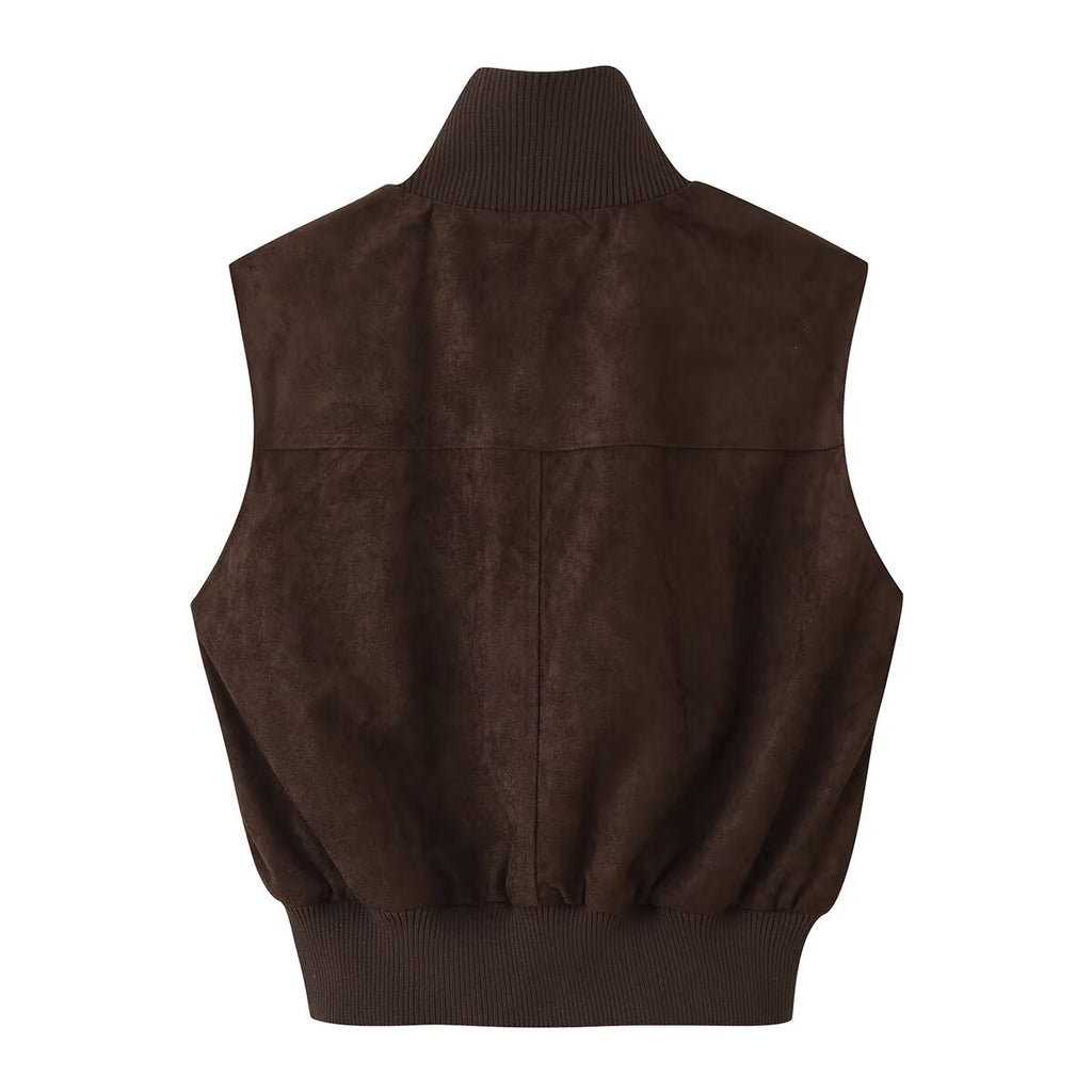 Women's Clothing Vintage Suede Texture Rib Stand Collar Hem Zipper Cargo Pocket Vest