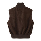 Women's Clothing Vintage Suede Texture Rib Stand Collar Hem Zipper Cargo Pocket Vest