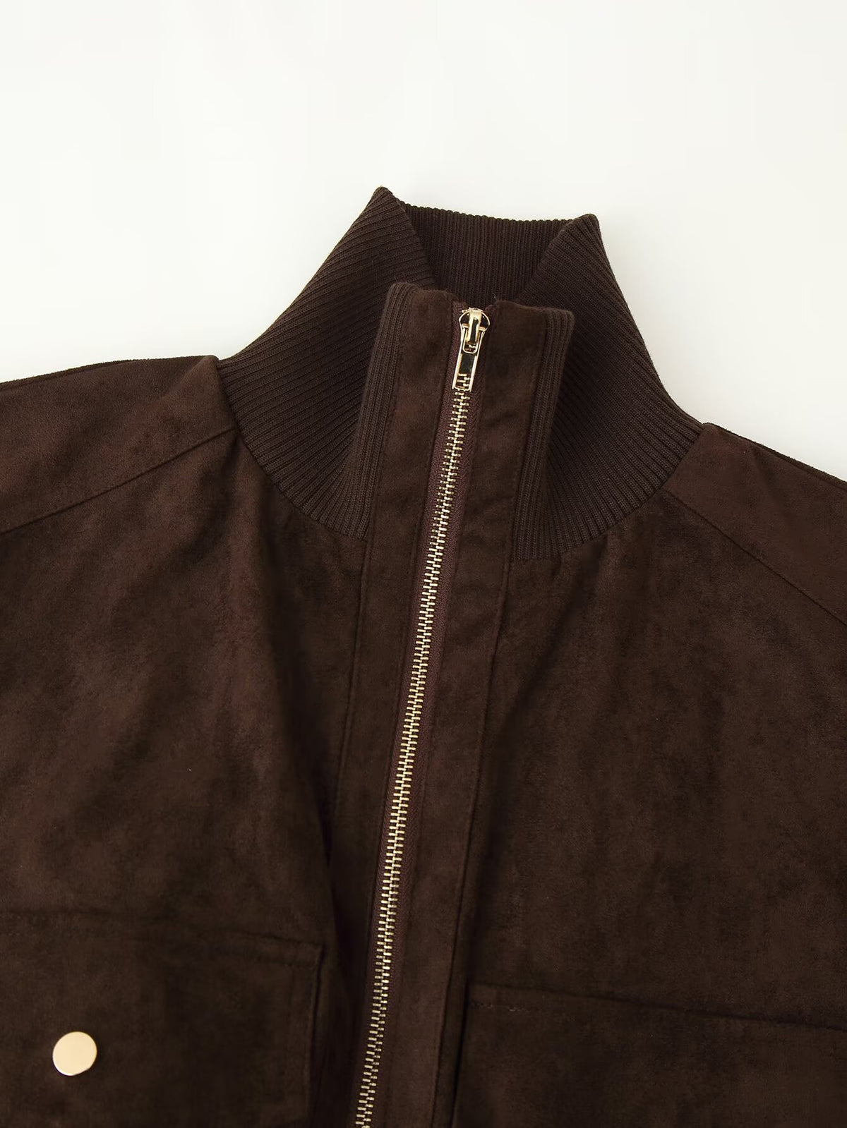 Women's Clothing Vintage Suede Texture Rib Stand Collar Hem Zipper Cargo Pocket Vest