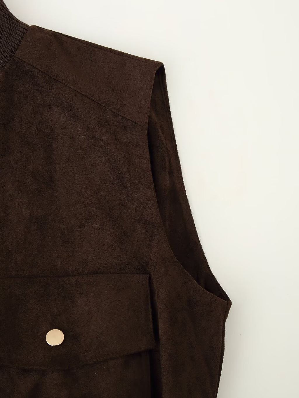 Women's Clothing Vintage Suede Texture Rib Stand Collar Hem Zipper Cargo Pocket Vest