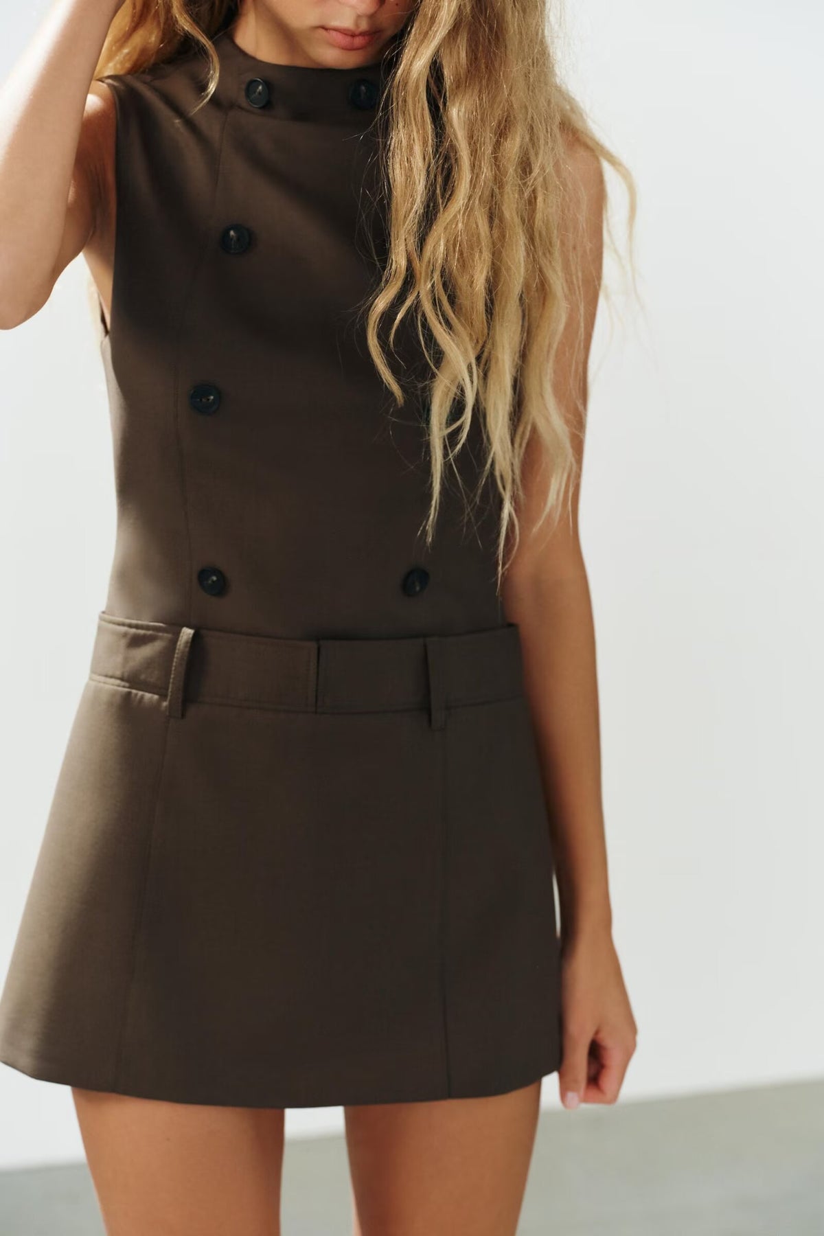 Women's Autumn Women Clothing Sleeveless Fastener Decoration Stand Collar Short Dress