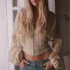Women's Autumn Loose Pleated Women Long Sleeved V Neck Stitching Top