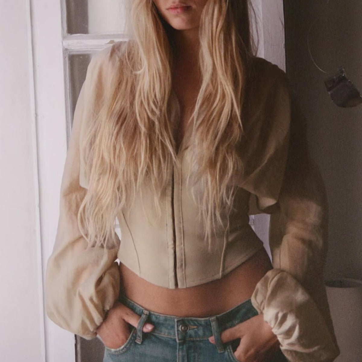Women's Autumn Loose Pleated Women Long Sleeved V Neck Stitching Top