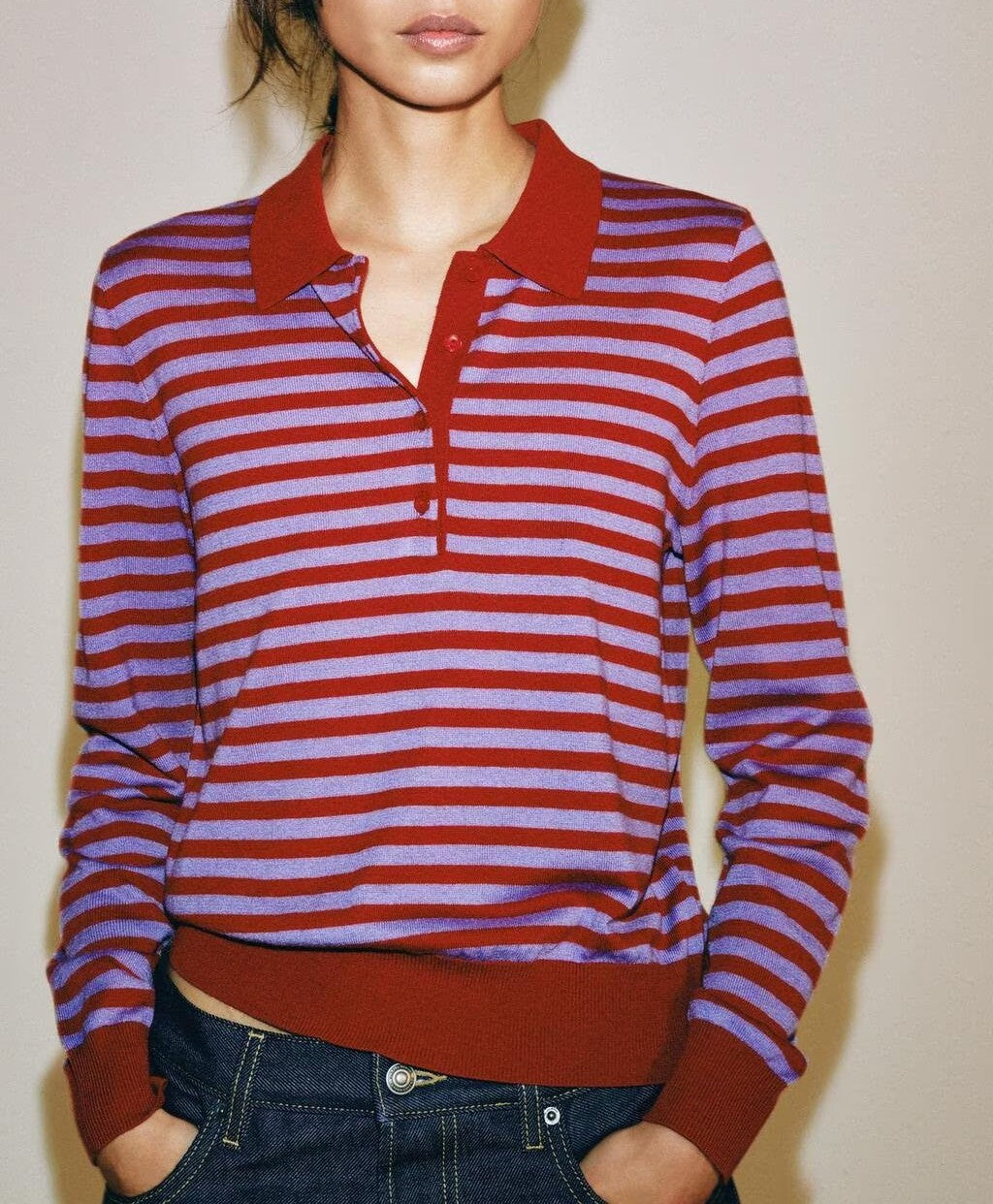 Women's Autumn Women Clothing Fashionable Casual Long Sleeves Contrast-Color Striped Knitted Polo Shirt