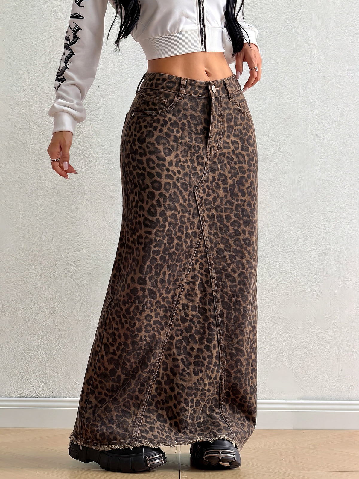 Women's Leopard-Print Denim Maxi Skirt