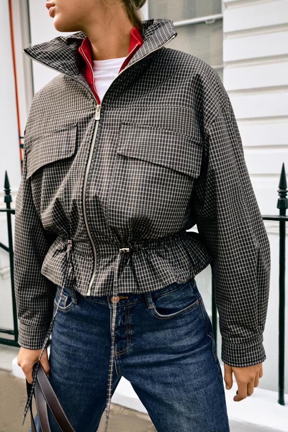 Women's Clothing Autumn Casual Long-Sleeved Plaid Drawstring Stand Up Collar Cotton Padded Coat Jacket Coat