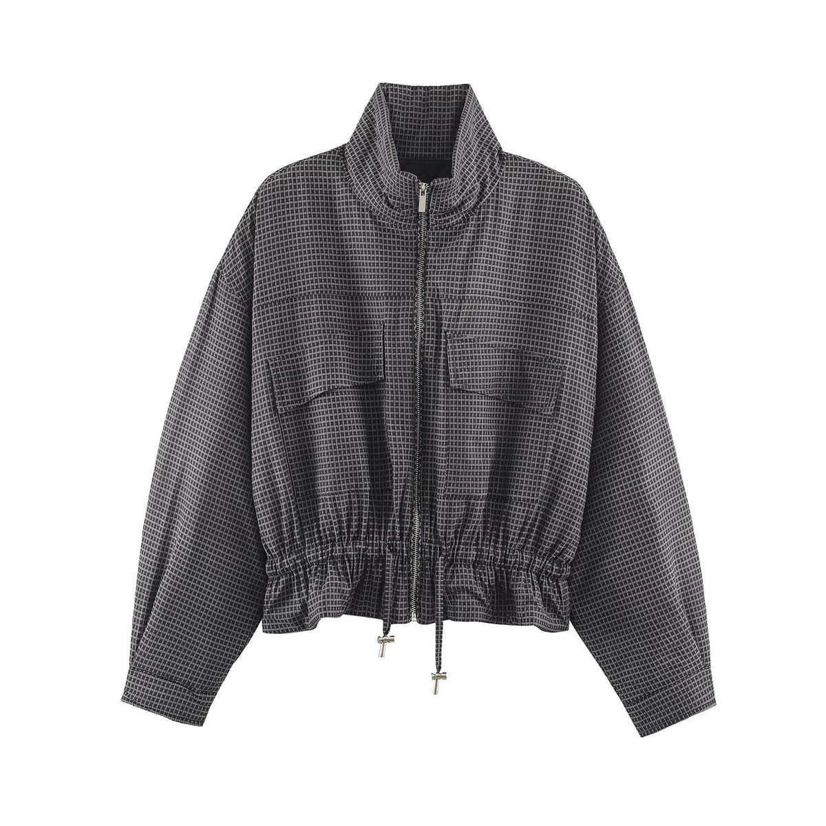 Women's Clothing Autumn Casual Long-Sleeved Plaid Drawstring Stand Up Collar Cotton Padded Coat Jacket Coat