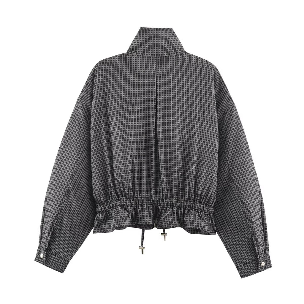 Women's Clothing Autumn Casual Long-Sleeved Plaid Drawstring Stand Up Collar Cotton Padded Coat Jacket Coat