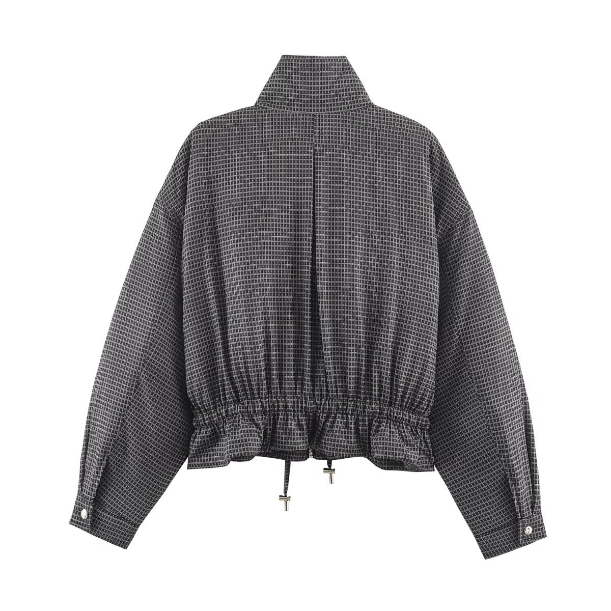 Women's Clothing Autumn Casual Long-Sleeved Plaid Drawstring Stand Up Collar Cotton Padded Coat Jacket Coat