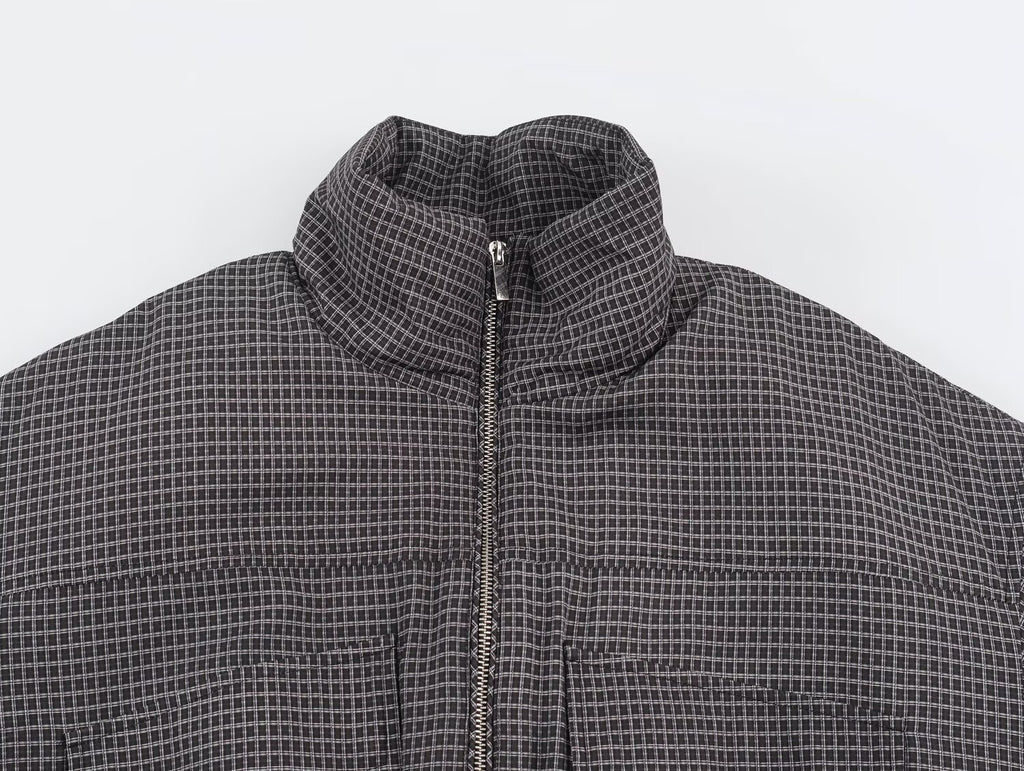 Women's Clothing Autumn Casual Long-Sleeved Plaid Drawstring Stand Up Collar Cotton Padded Coat Jacket Coat