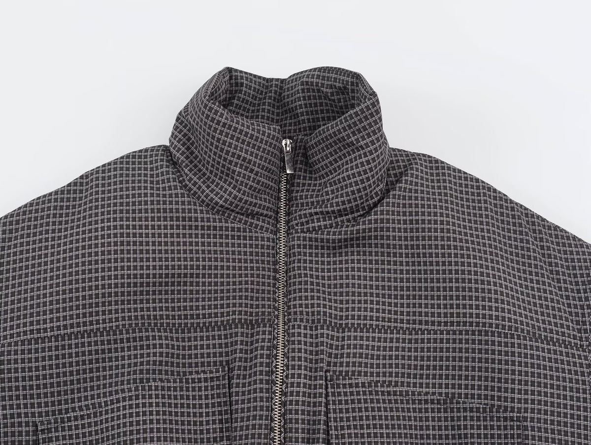 Women's Clothing Autumn Casual Long-Sleeved Plaid Drawstring Stand Up Collar Cotton Padded Coat Jacket Coat