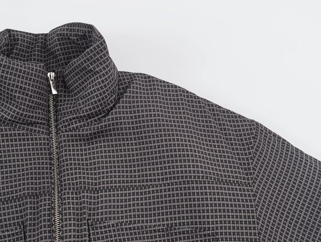 Women's Clothing Autumn Casual Long-Sleeved Plaid Drawstring Stand Up Collar Cotton Padded Coat Jacket Coat