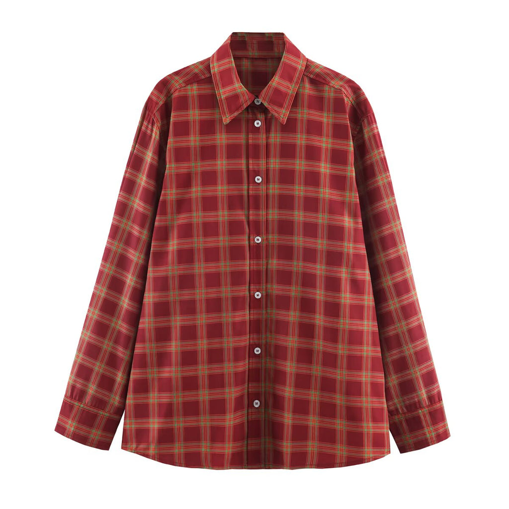 Women's Clothing Autumn French Casual All Match Plaid Poplin Loose Shirt