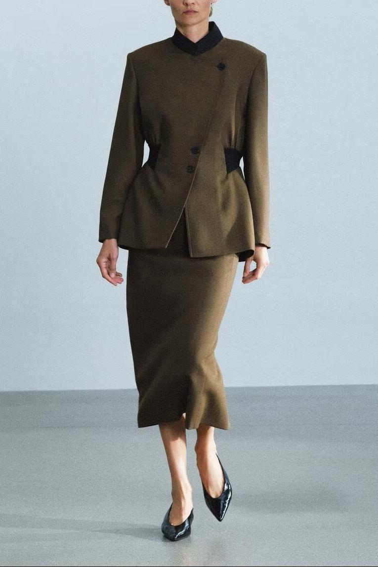 Women's Contrast-Color Coat and Skirt Set