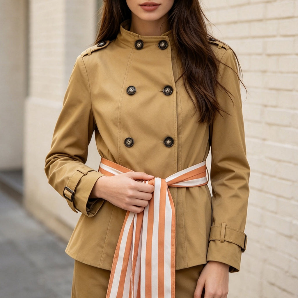 Gold Socialite Casual Double Breasted Lace Up Waist Controlled Trench Coat