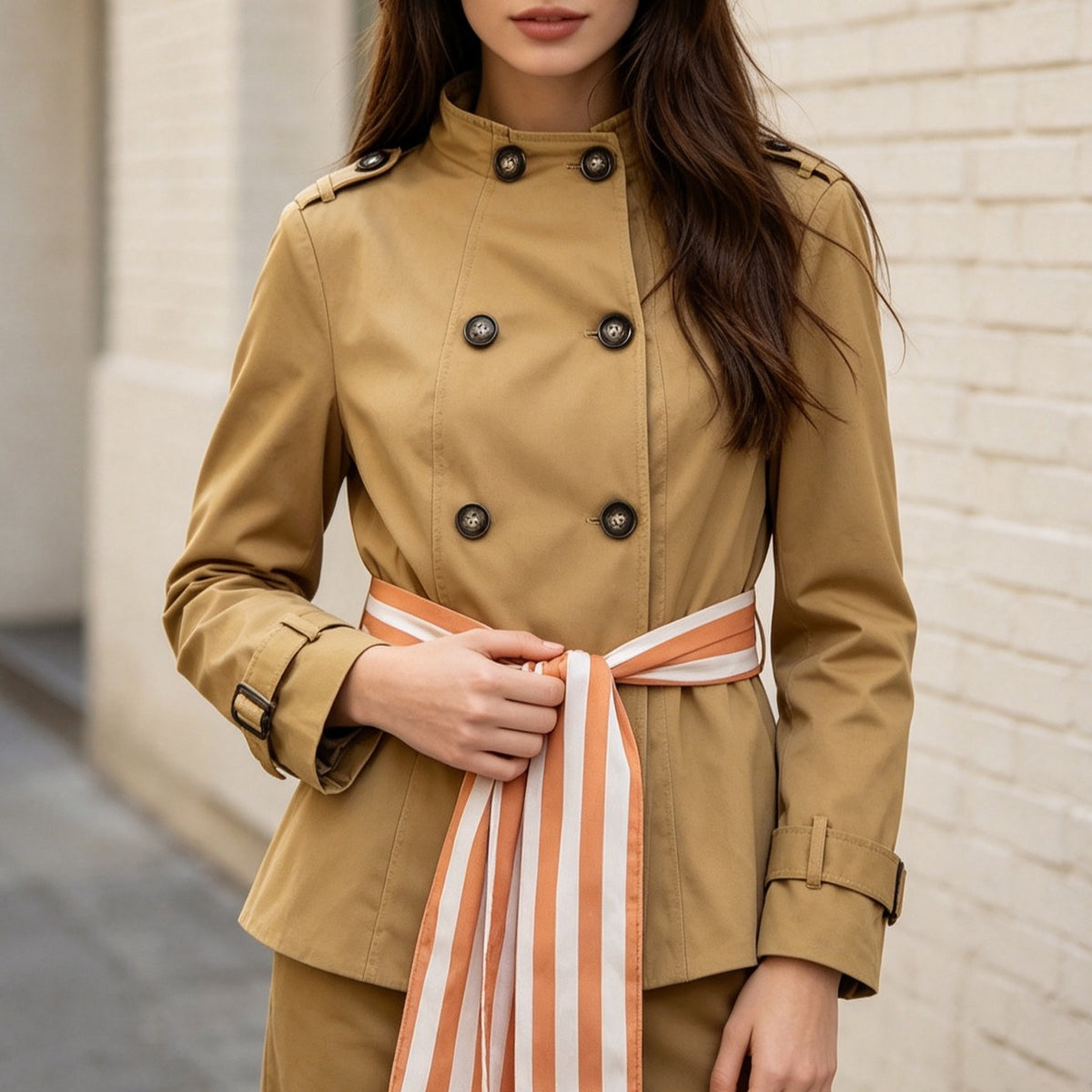 Gold Socialite Casual Double Breasted Lace Up Waist Controlled Trench Coat