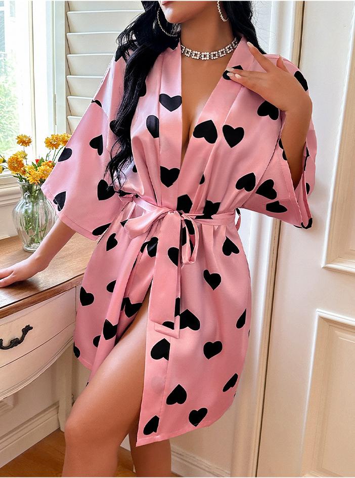 Bathrobe Heart Printing Lace Up Nightgown Home Pajamas Home Wear