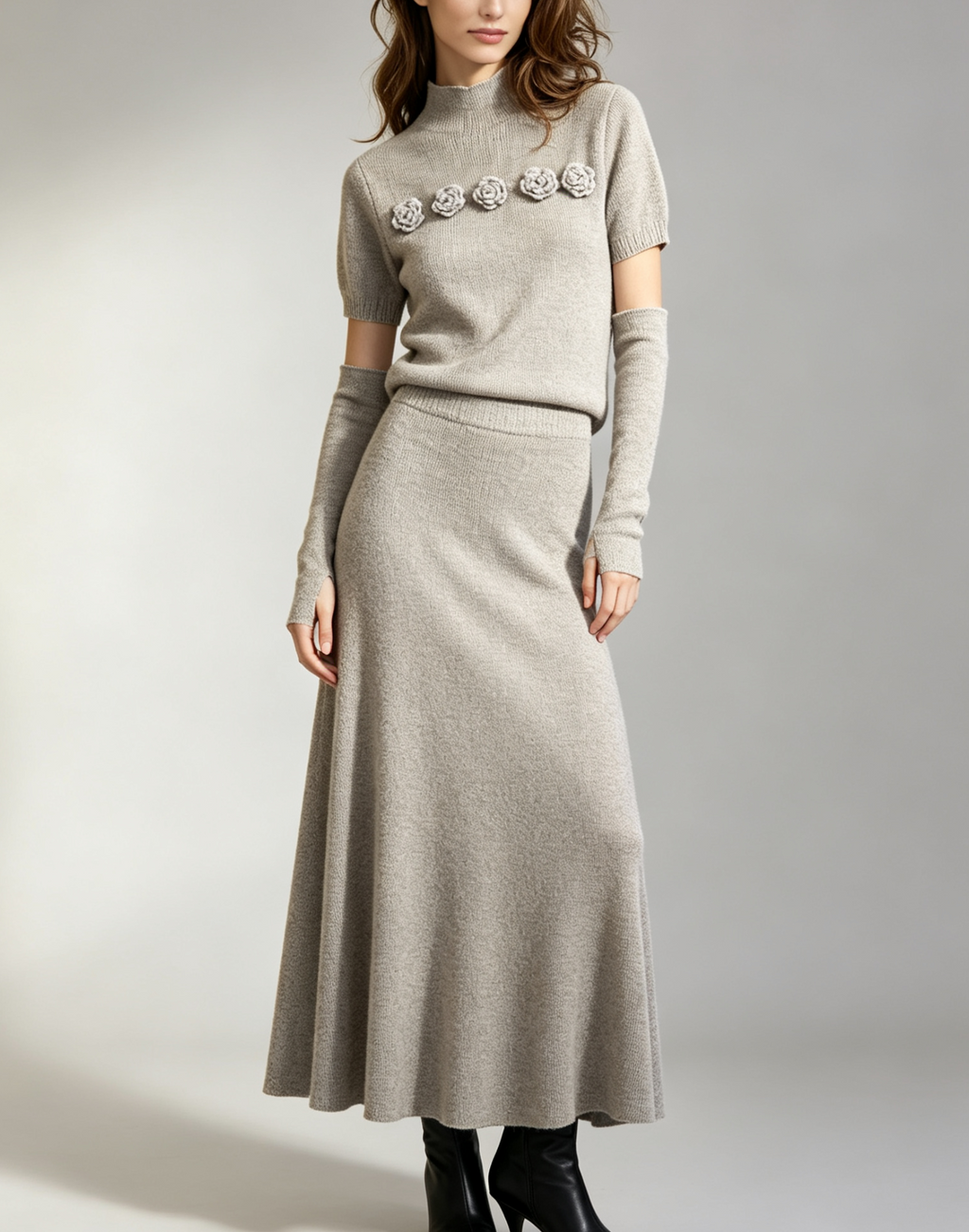 Korean Elegant Oversleeve Knitted Sweater High Waist Skirt Set