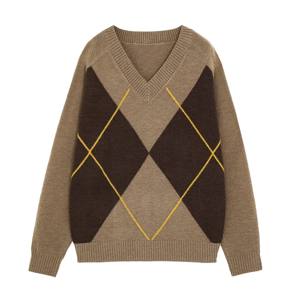 Office Loose Diamond Pattern V Neck Long Sleeve Knitwear