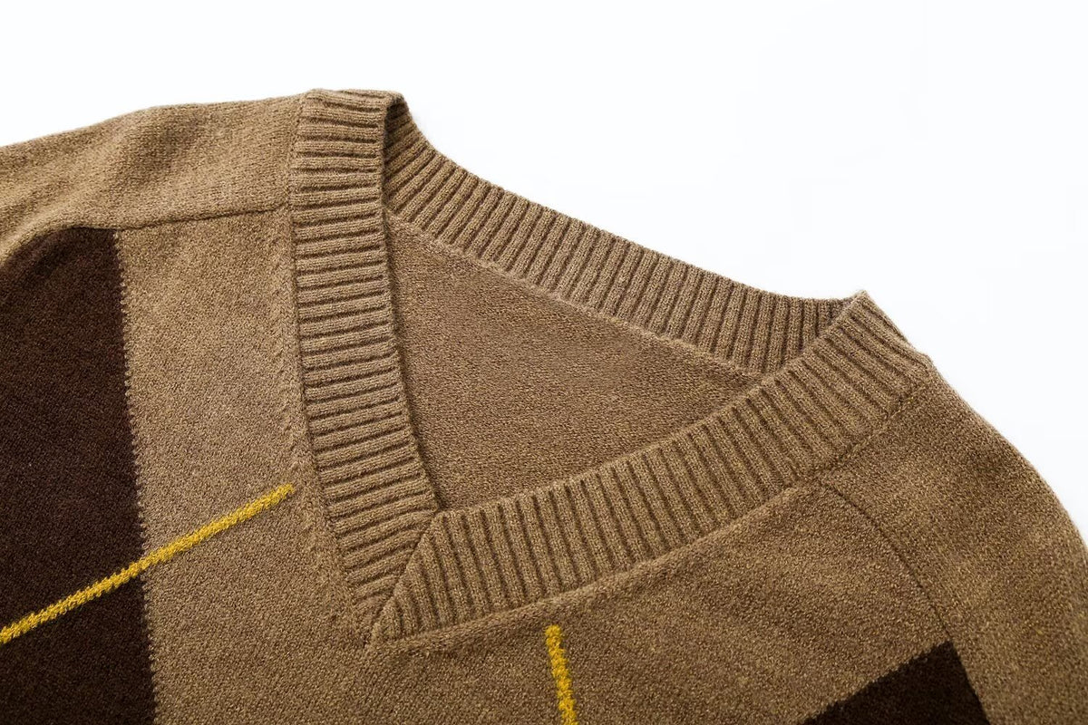 Office Loose Diamond Pattern V Neck Long Sleeve Knitwear