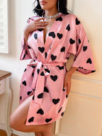 Bathrobe Heart Printing Lace Up Nightgown Home Pajamas Home Wear