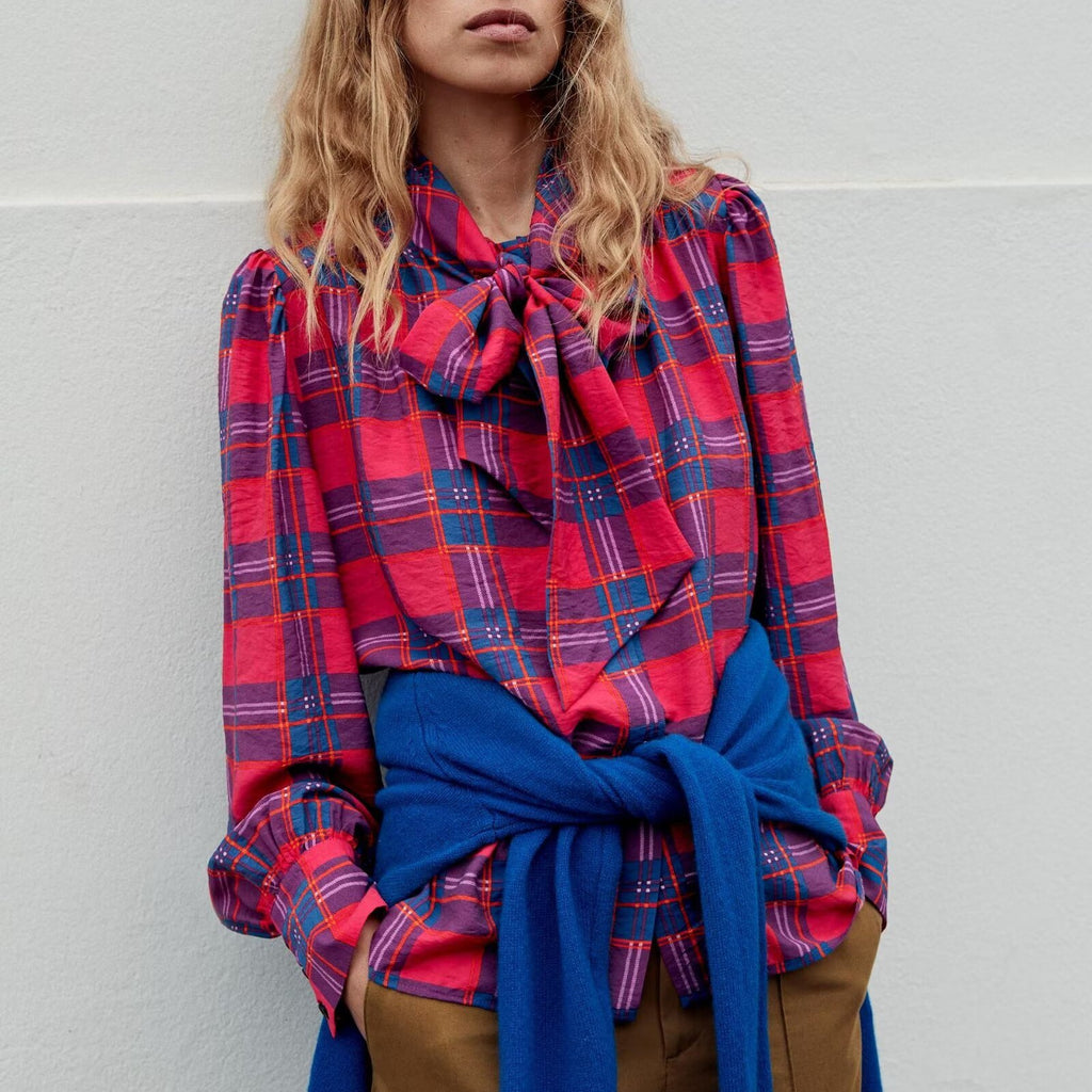 Women's Plaid Bow-Detail Long-Sleeve Shirt