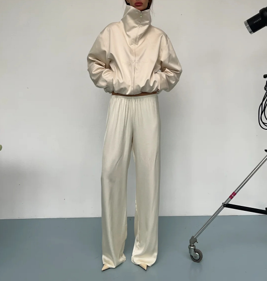 Women's Satin Jacket And Wide-Leg Pants Set