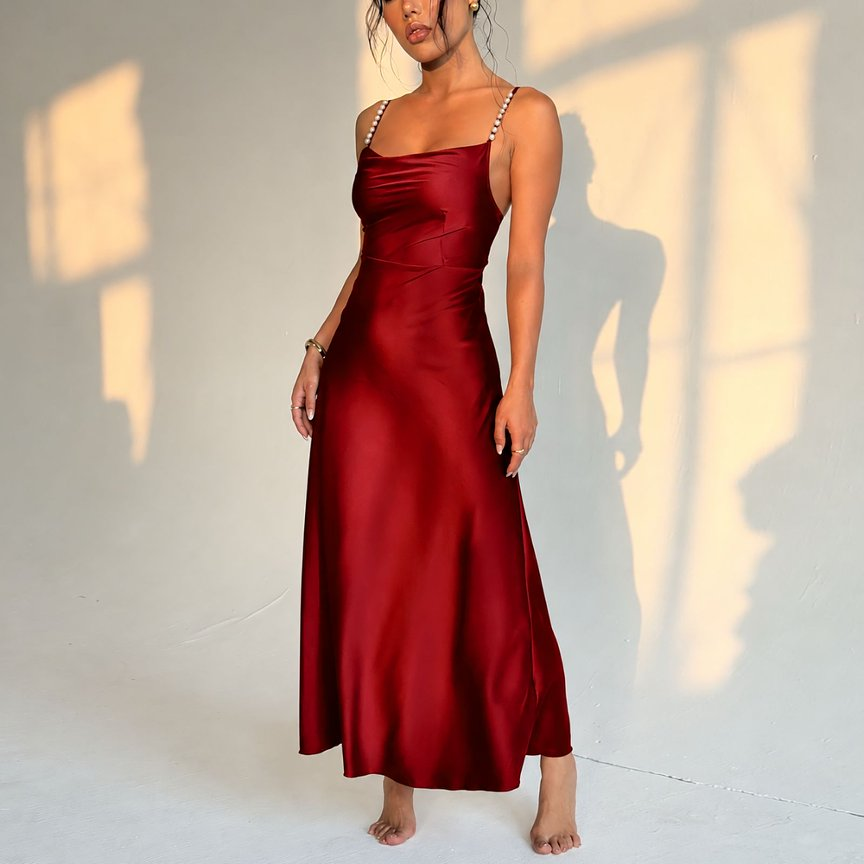 Women's Satin Pearl-Strap Swing Dress