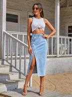 Women's Asymmetric Denim Midi Skirt