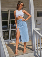 Women's Asymmetric Denim Midi Skirt