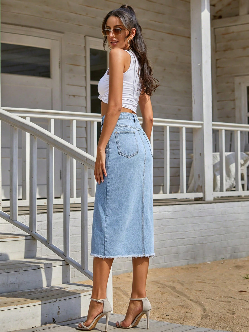 Women's Asymmetric Denim Midi Skirt